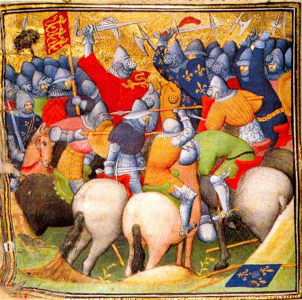 Bataille de Crécy-en-Ponthieu - les Français à droite (fleur de lys), les Anglais à gauche (lion)